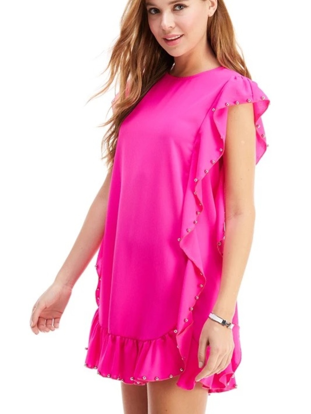 TCEC Fun Women's Hot Pink Ruffle Sleeve Shift Dress w/silver beads
